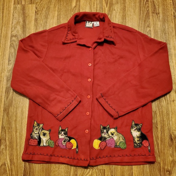 Take-Two Jackets & Blazers - Vintage Kitty Cat Fleece Jacket Women Medium Red‎ Christmas Grandma Cat Lady